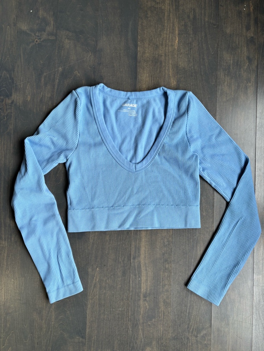 Garage Dusty Blue Ribbed V-Neck Long Sleeve Crop Top Size Medium